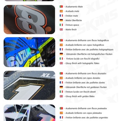 Diferentes tipos de acabamento para superfícies de motos com texto em várias línguas.