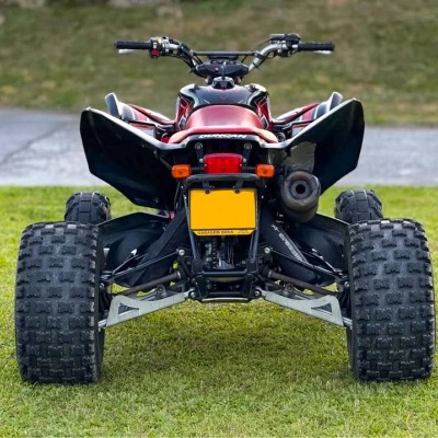 Vista traseira de quadriciclo vermelho e preto em relvado