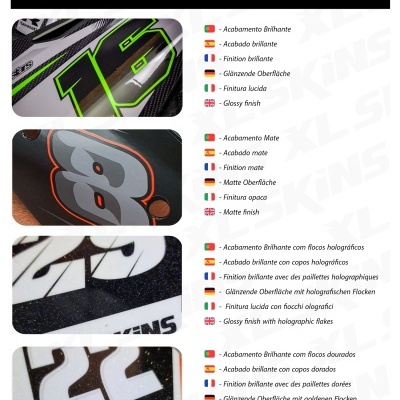 Exemplos de tipos de acabamento com descrições multilíngues