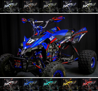 Quad Suzuki LTR 450 azul preto e vermelho com número 17 e suspensão visível em fundo preto