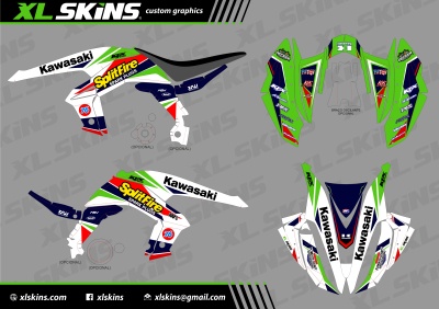 Skins coloridas para motocicleta Kawasaki KFX 450R com vários logotipos e texto colorido