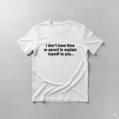 T-shirt branca com texto preto em fundo cinzento