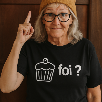Pessoa idosa com t-shirt preta com cupcake e texto 'foi ?'