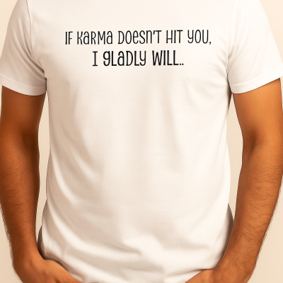 T-shirt branca com texto preto em inglês, usada por homem.