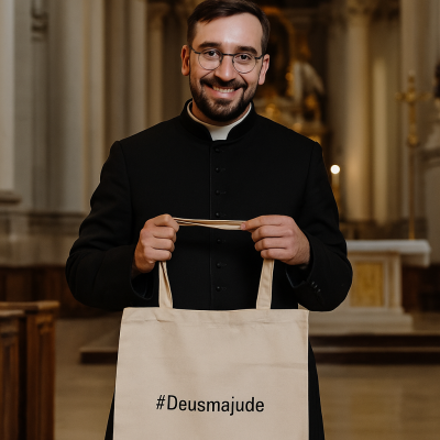 Saco de pano bege com texto '#Deusmajude' segurado por homem com hábito religioso