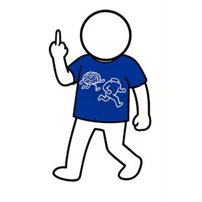 Figura estilizada com t-shirt azul estampada com cérebro e personagem a correr