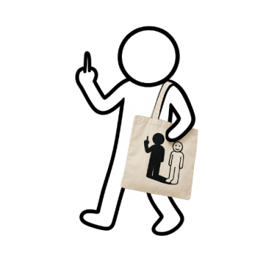 Saco de tecido bege com impressão de figura humana a preto e sua sombra sorridente