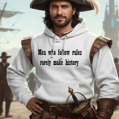 Homem com capucho branco e texto, em ambiente de porto antigo com navios