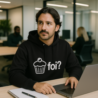 Sweatshirt preta com desenho de cupcake e texto 'foi?' usada por homem no escritório