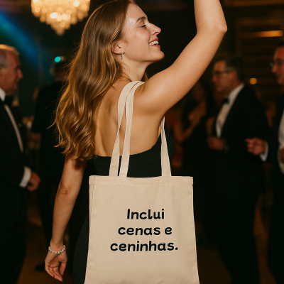 Saco de tecido bege com texto preto usado por mulher numa festa formal