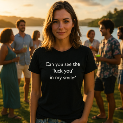 Mulher jovem vestindo camiseta preta com texto em branco ao ar livre em festa junto ao lago ao pôr-do-sol