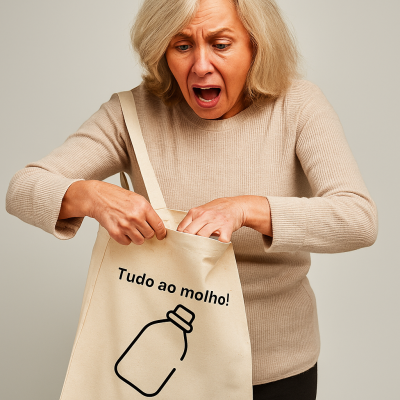 Sacola bege com texto e desenho de garrafa em fundo cinza claro