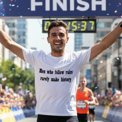Homem com t-shirt branca com texto preto a cruzar a meta de uma corrida numa cidade.