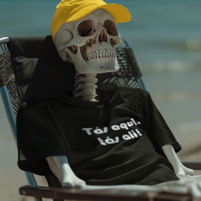 Esqueleto com boné amarelo e t-shirt preta com texto, sentado numa cadeira de praia junto ao mar