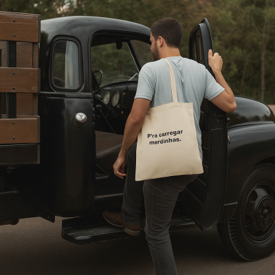 Homem com saco de tecido com texto a entrar em carro clássico preto