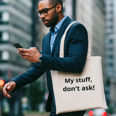 Homem a segurar saco de tecido branco com texto em preto numa rua urbana.