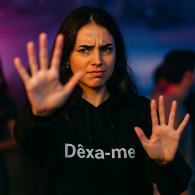 Mulher de hoodie preto com texto branco Dêxa-me, com as mãos estendidas para a frente