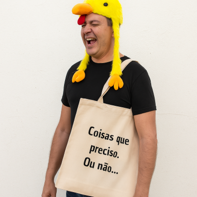 Homem com chapéu amarelo de pato e bolsa bege com texto em fundo branco