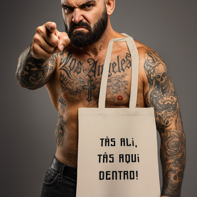 Saco de pano bege com texto preto 'TÁS ALI, TÁS AQUI DENTRO!' segurado por homem tatuado em fundo cinzento