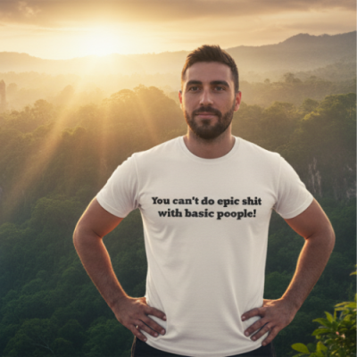 Homem com t-shirt branca com texto preto em paisagem natural ao pôr do sol