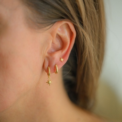 Brincos dourados em orelha feminina com fundo neutro.