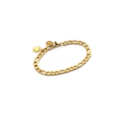 Pulseira dourada com pendentes de sol e disco redondo