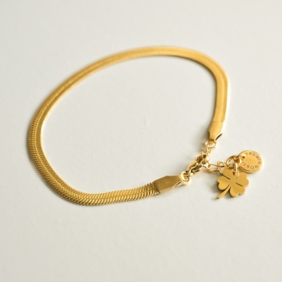 Pulseira dourada com pendentes trevo e medalha