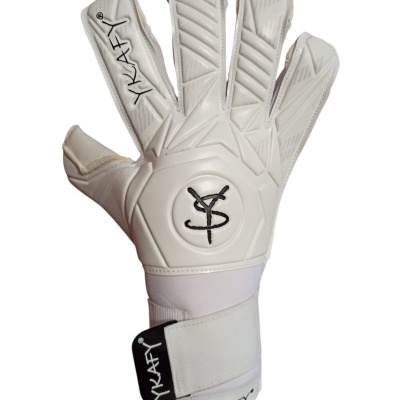 Luva de guarda-redes branca com fecho de velcro e marca YKAFY.