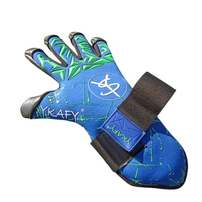 Luva desportiva azul com detalhes verdes e pretos e punho com fecho de velcro