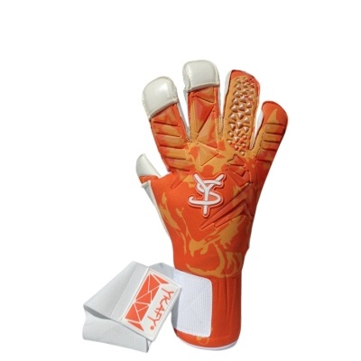 Luvas desportivas laranja e branco com faixa destacada e texto YAHTY