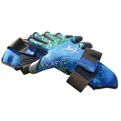 luvas de proteção azuis com padrões verdes e detalhes em preto