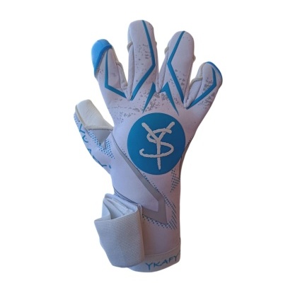 Luva de goleiro branca e azul com logo YS azul