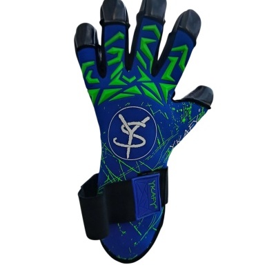 Luva azul com padrões verdes e detalhes pretos, logótipo 