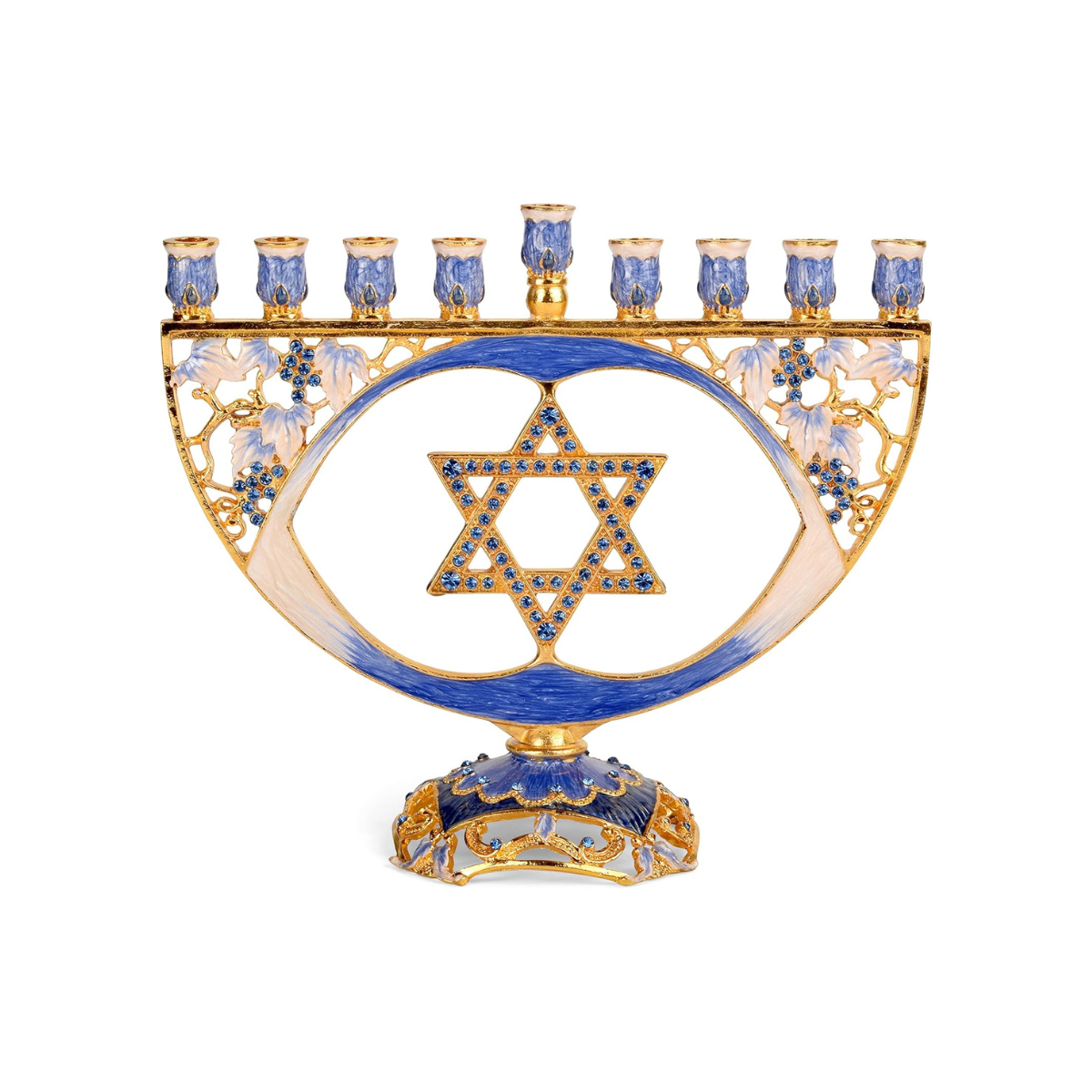 Chanukiá - Menorá de Velas Cravejada Moderna para Chanucá - Estrela Azul Tradicional Castiçal Menorá cerâmica azul e dourada com Estrela de David e sete suportes para velas