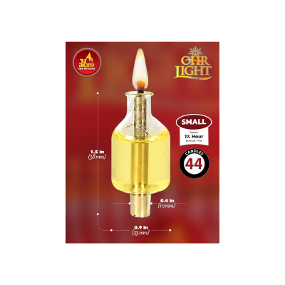 Vela pequena GIR LIGHT dourada com chama acesa e dimensões indicadas num fundo vermelho