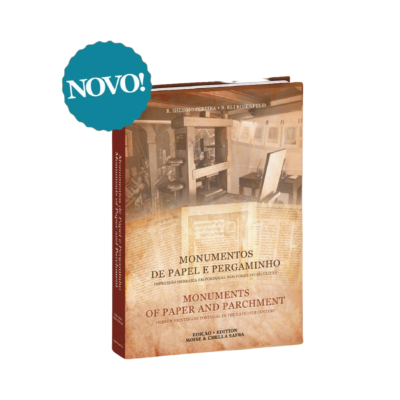 Livro 'Monumentos de Papel e Pergaminho' com selo azul 'NOVO!' em fundo branco