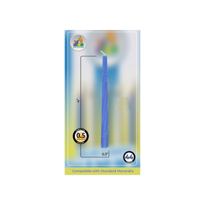 Vela azul para Menorá em embalagem com especificações de tamanho e compatibilidade