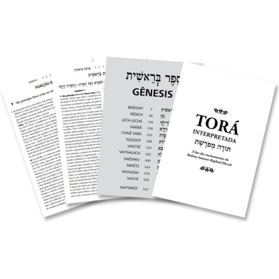 Livro TORÁ INTERPRETADA com páginas abertas e texto em hebraico e português