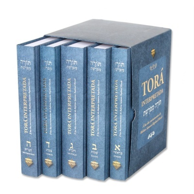 Conjunto de cinco livros religiosos em capa dura azul em caixa de papelão azul