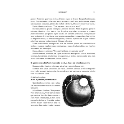 Página de livro com texto em português e ilustração a preto e branco de uma maçã e uma lua