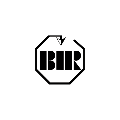 Logótipo preto com as letras BIR dentro de um octógono.
