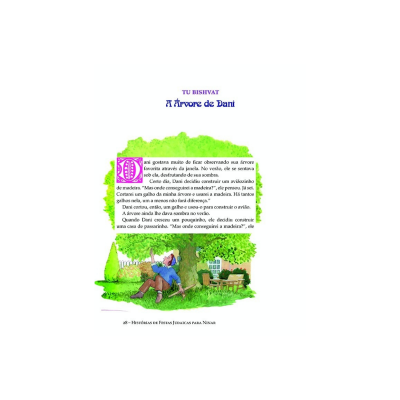 Página de livro infantil com título, texto e ilustração de menino sob árvore