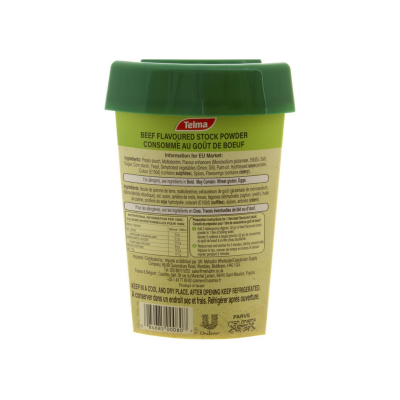 Pacote de sopa em pó sabor carne Telma com tampa verde e texto em inglês e francês