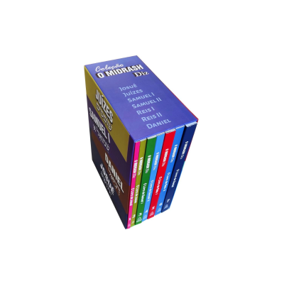 Conjunto de seis livros coloridos com caixa azul e amarelo com texto Coleção O MIDRASH DYZ