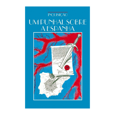 Capa de livro azul com título e ilustração de punhais sobre mapa e papel