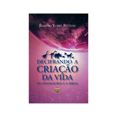 Capa de livro sobre dinossauros e criação da vida com fundo roxo e rosa