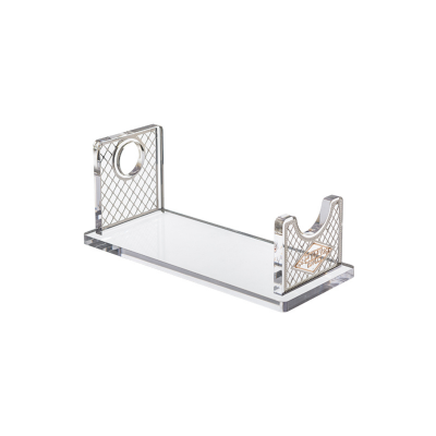 Suporte acrílico transparente com laterais decorativas cinzentas e douradas