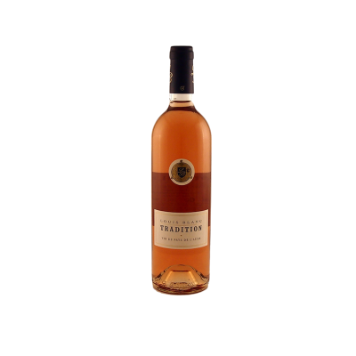 Garrafa de vinho rosé Louis Blanc Tradition com rótulo branco e tampa preta