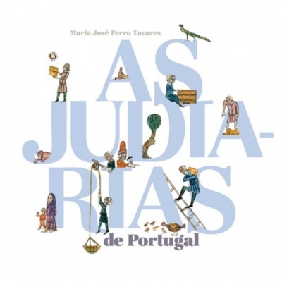 Capa de livro com título 'AS JUDA-RIAS de Portugal' e pequenas ilustrações de pessoas e objetos sobre letras grandes azuis.