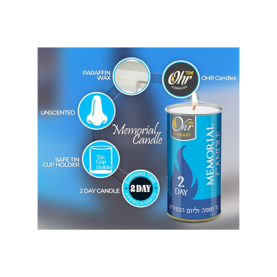 Vela memorial OHR Candles em embalagem azul e prateada para 2 dias
